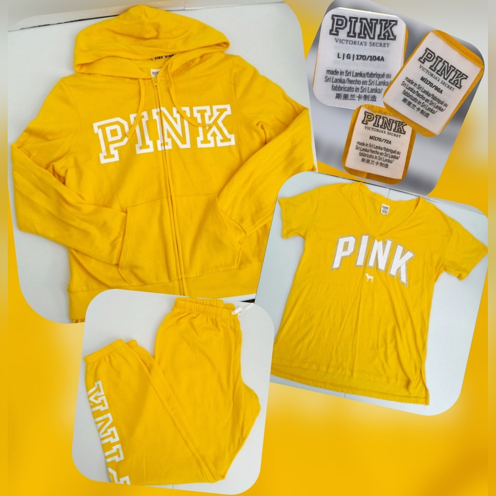 PINK Victoria's Secret Yellow Classic Jogger Pants,V-neck Tee, & Hoodie Set M/L